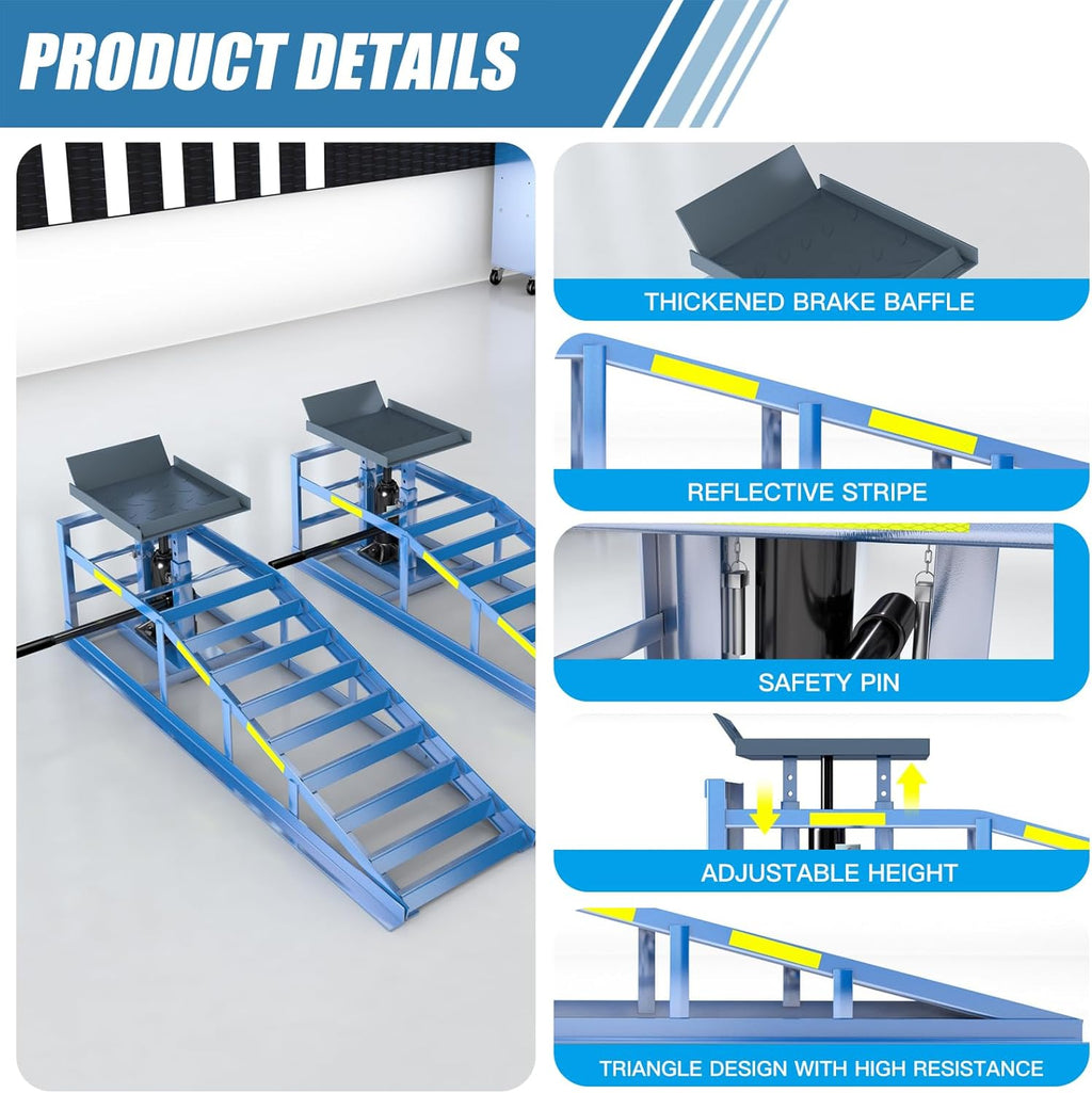 2026 Lot de 2 rampes robustes 5T/5 tonnes, rampe de vidange hydraulique avec bande réfléchissante haute visibilité, hauteur de levage réglable