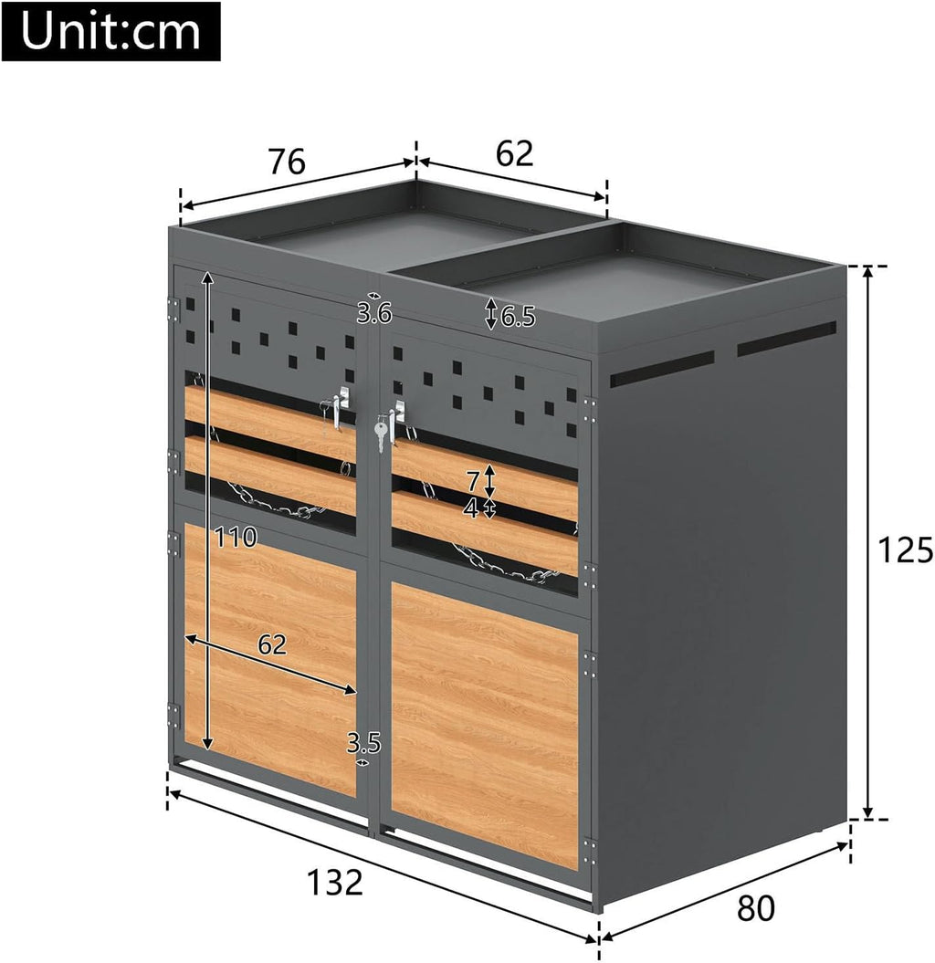 2026 Billg Cache Poubelle Extérieur Double, Abri pour 2 Poubelles de 120-240 L, Antirouille Habillage de Poubelle avec Toit Végétal et 2 Portes avec Poignées Verrouillable, Acier Galvanisé, Anthracite