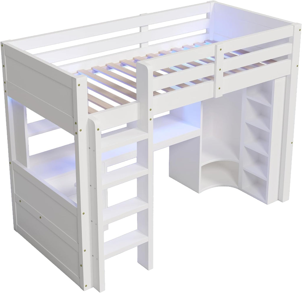 2026 Lit Mezzanine 90x200 cm, Lit Superposé Enfant et Adulte avec Bureau, Lumières LED, Armoire, Échelle, 4 Tiroirs et Rangements, Blanc et Bois lit Mezzanine (90x200 cm)