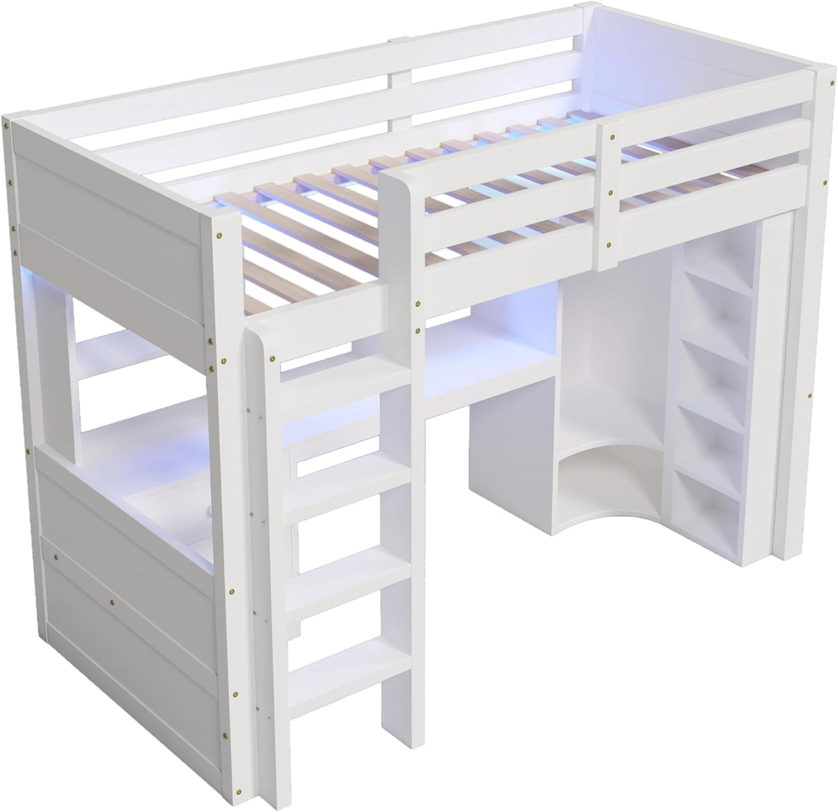 2026 Lit Mezzanine 90x200 cm, Lit Superposé Enfant et Adulte avec Bureau, Lumières LED, Armoire, Échelle, 4 Tiroirs et Rangements, Blanc et Bois lit Mezzanine (90x200 cm)