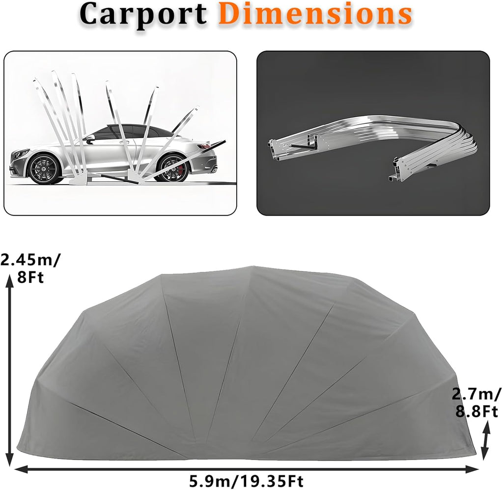 2026 Abri De Voiture Semi-Automatique en Acier Inoxydable, Abri Voiture Exterieur Pliable, Garage Mobile Exterieur, L 5,5m x W 2.5 x H 2.3m / L 5,9m x W 2,7 x H 2,45 m (Gris) (5.9 x 2.7 x 2.45m)