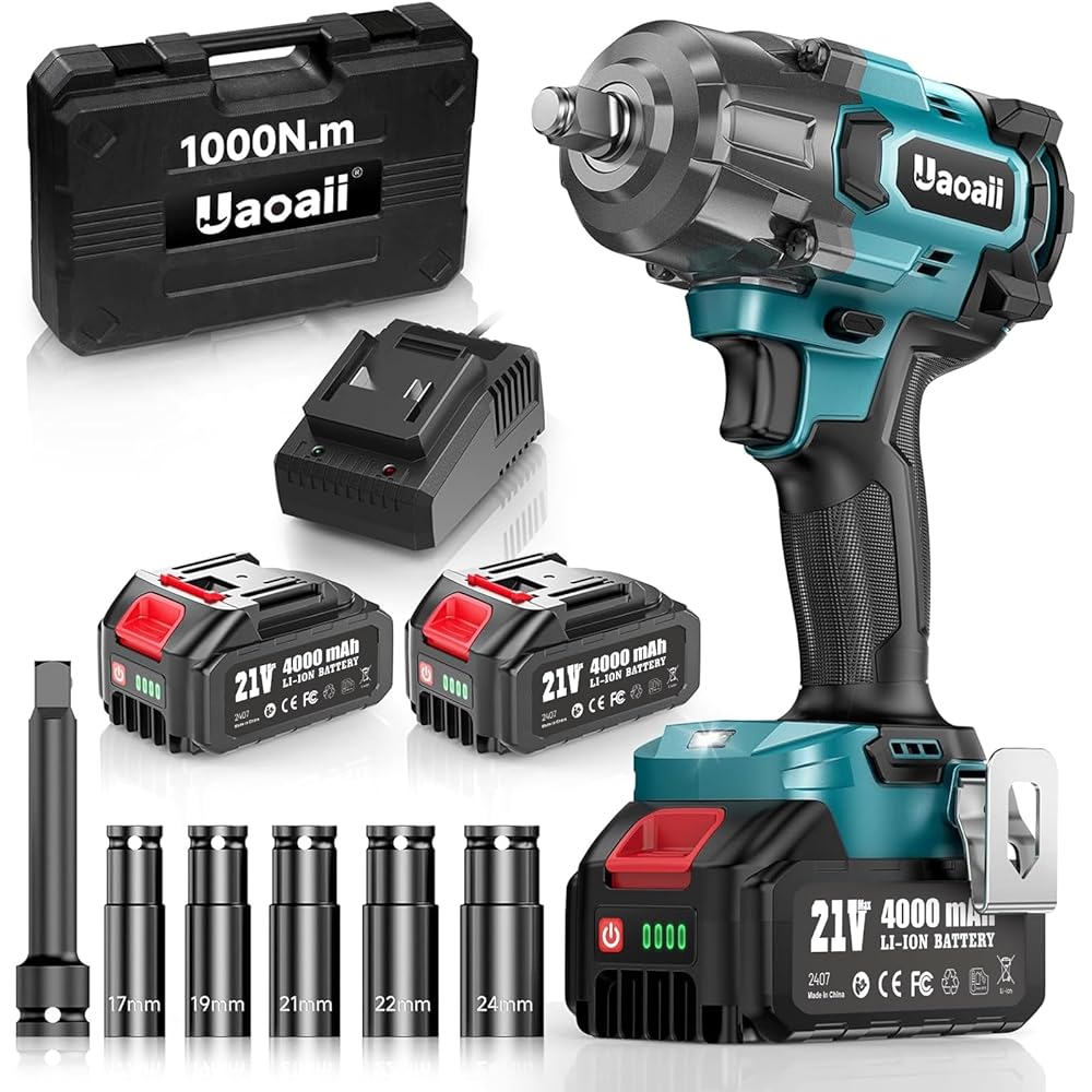 2026 Uaoaii Clé à Chocs sans fil Brushless 1000 Nm Boulonneuse à Choc Électrique Batterie 4000mAh Adaptateur Visseuse à Chocs 5 Douilles incluses Puissance et Facilité pour Boulonner et Déboulonner : Bricolage