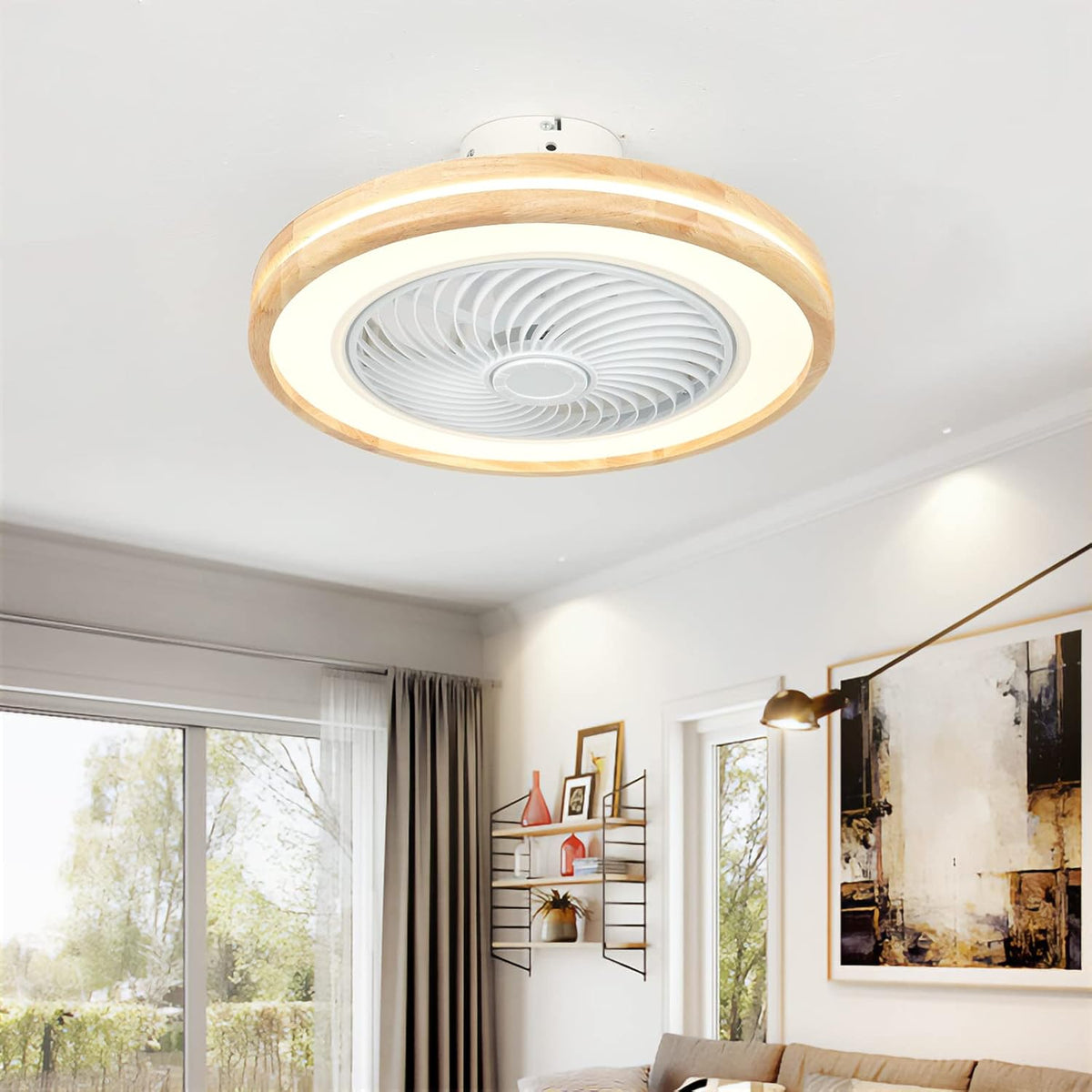 2026 LJX Ventilateurs de Plafond avec Lumières Bois et Télécommande Plafonnier Ventilateur Design Sans Pales Été Et Hiver Réversible 6 Vitesses Moteur DC Gradable Ventilo Plafond Silencieux Pour Chambre