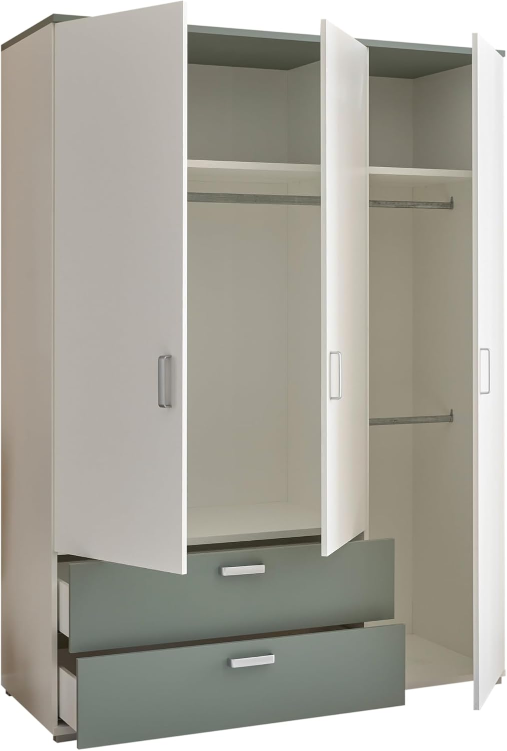 2026 AVANTI TRENDSTORE - Barbania - Wardrobe with 3 hinged doors and 2 drawers, laminated wood. Available in Sage / White colour. Dimensions: approx. LAP 150 x 203 x 58 cm