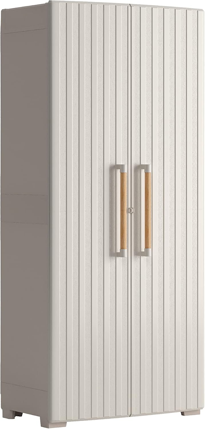 2026 Keter Groove Outdoor Broom Cabinet, Wooden Effect Doors, Beige/Sand, 80 x 45 x 180 H cm