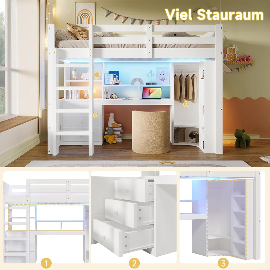 2026 Lit Mezzanine 90x200 cm, Lit Superposé Enfant et Adulte avec Bureau, Lumières LED, Armoire, Échelle, 4 Tiroirs et Rangements, Blanc et Bois lit Mezzanine (90x200 cm)
