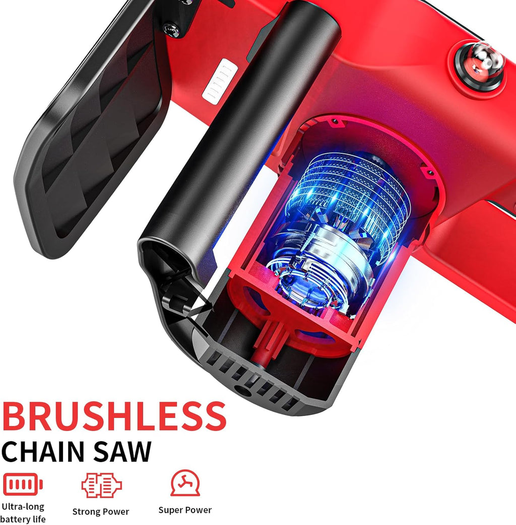 2026 Brushless Trononneuse avec batterie 3000mAh * 2, 12 pouces scie à chane électrique sans fil, scie à chane électrique à une main, scie à chane manuelle sans fil avec verrouillage de sécurité