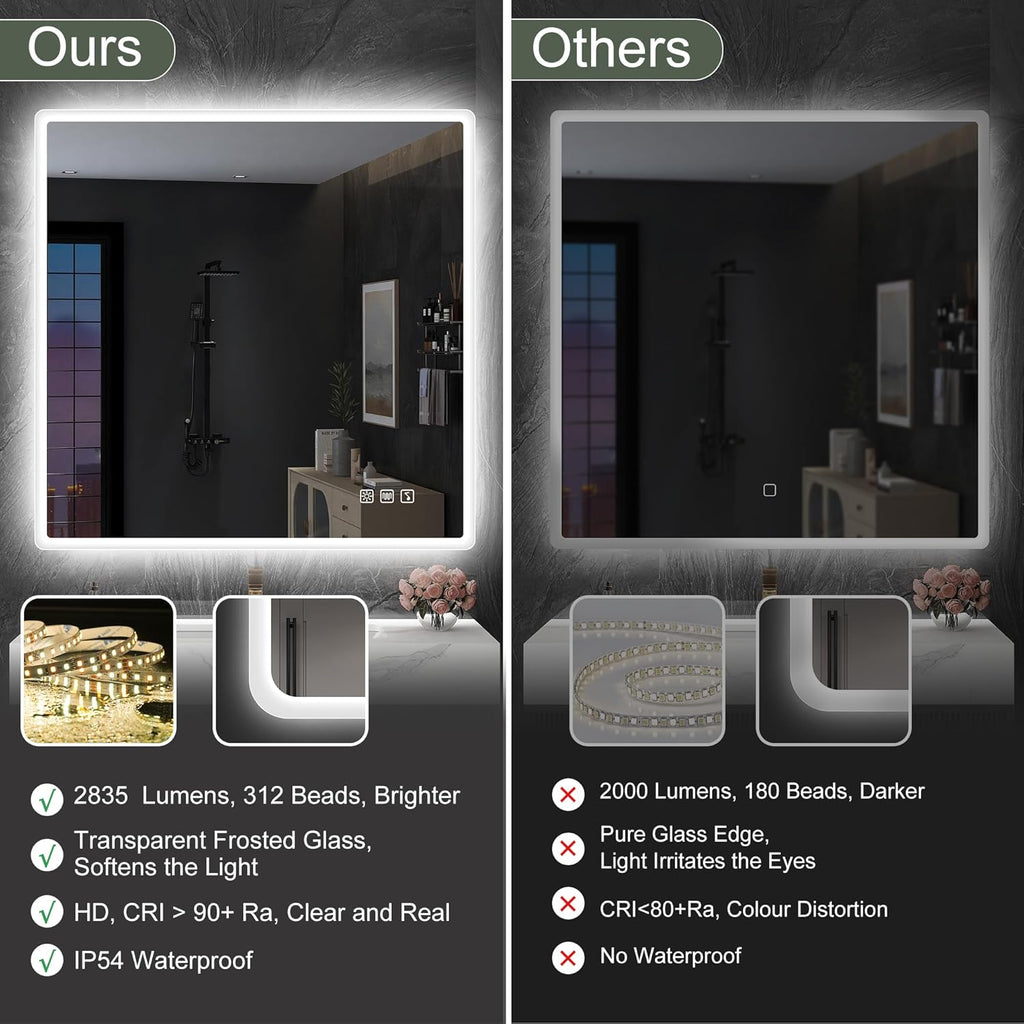 2026 Miroir de salle de bain S'bagno avec éclairage 1200 x 700 mm, IP44, LED, Bluetooth, antibuée, 3 couleurs de lumière (3 000 K, 4 000 K, 6 500 K), intensité variable, mémoire, vertical ou horizontal. Miroirs de salle de bain avec LED.