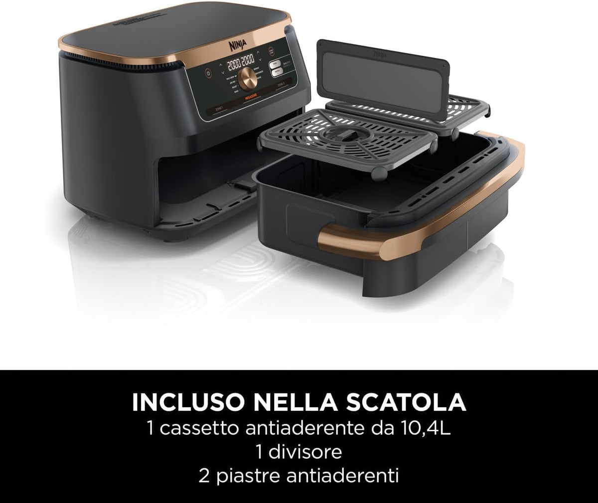 2026 Ninja Foodi FlexDrawer, Friggitrice ad Aria, Doppia Zona, Separatore Rimovibile, Cassetto da 10.4L, 7 in 1, Componenti Antiaderenti Lavabili in Lavastoviglie, Nero/Rame, AF500EUCP