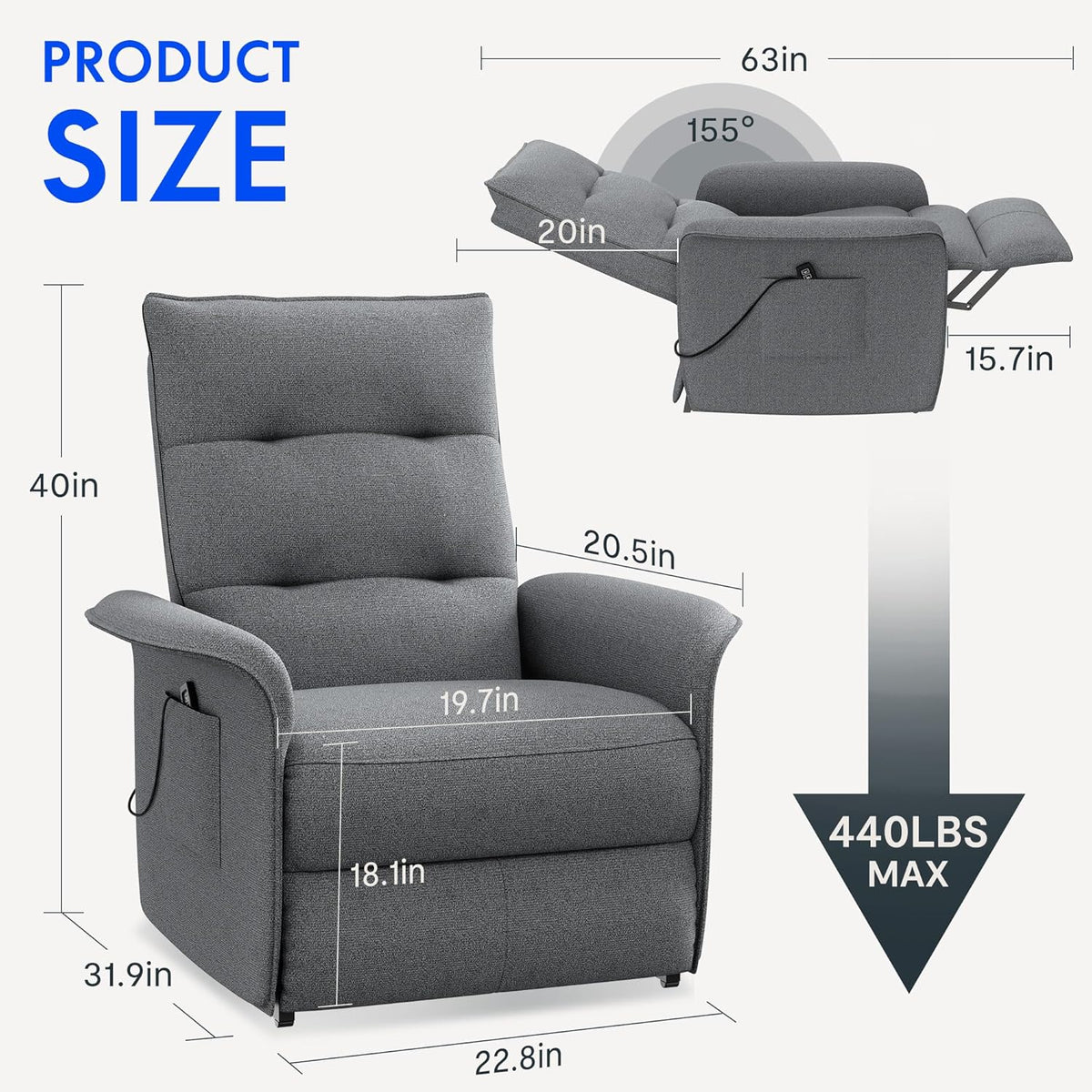 2026 Fauteuil relax électrique FLEXISPOT avec dossier réglable, inclinable de 105° à 155°, fauteuil inclinable, fauteuil relax ergonomique pour chambre, salon et home cinéma (gris foncé)