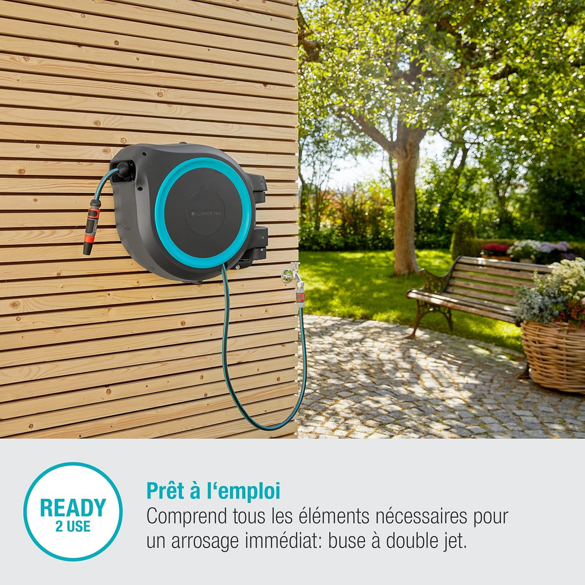 2026 GARDENA Devidoir automatique mural RollUp XL liseret bleu - Longueur 35m - O13mm - Kit complet - Garantie 5 ans 18630-20