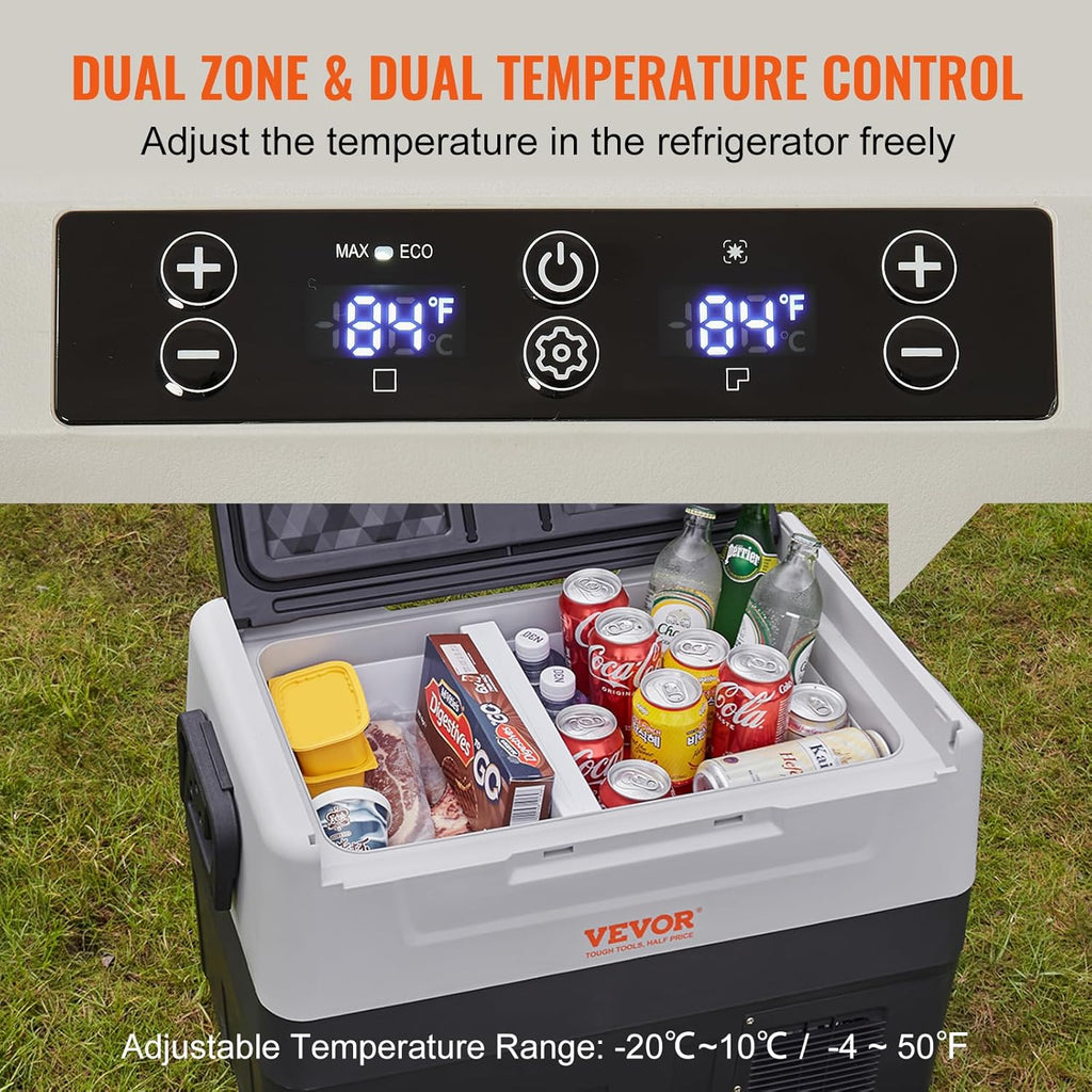 2026 VEVOR Glacière Électrique Portable de 55 L Réfrigérateur de Voiture Portable 12/24 V CC 100-240 V CA Frigo Voiture Double Zone 0,6 kW.h -20 °C à 10 °C Réglable Congélateur pour Camion Bateau Camping