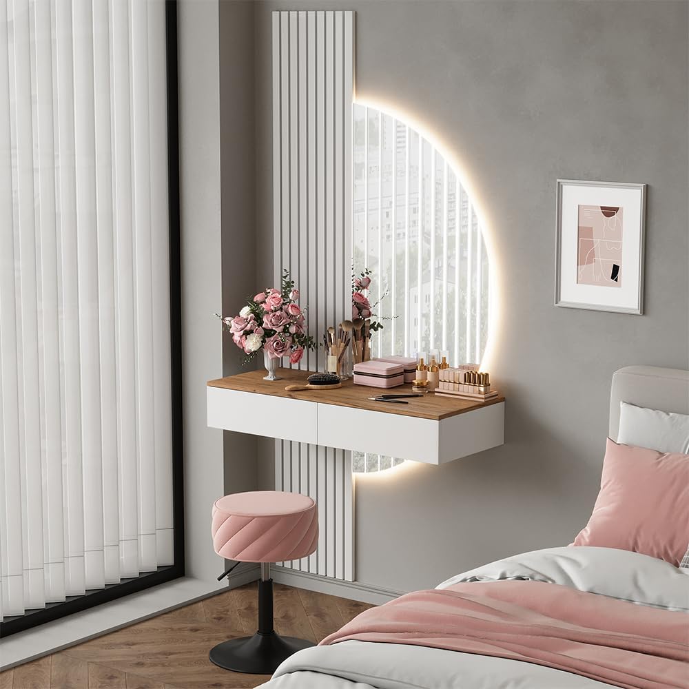 2026 Vicco Melina Dressing Table White/Oak 100cm with LED Mirror