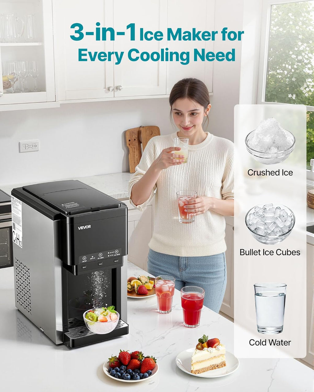 2026 VEVOR Distributeur d'Eau 3-en-1 avec Machine à Glaçons et Broyeur à Glace, Fontaine à Eau à Poser, pour Fête Cuisine Maison Bureau, Production Rapide de Cube 16 kg/24 h et 12 PCs/7 min, avec Pelle
