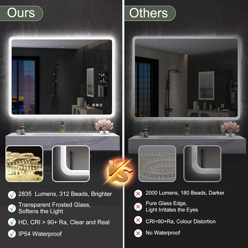 2026 Miroir de salle de bain S'bagno avec éclairage 1200 x 700 mm, IP44, LED, Bluetooth, antibuée, 3 couleurs de lumière (3 000 K, 4 000 K, 6 500 K), intensité variable, mémoire, vertical ou horizontal. Miroirs de salle de bain avec LED.