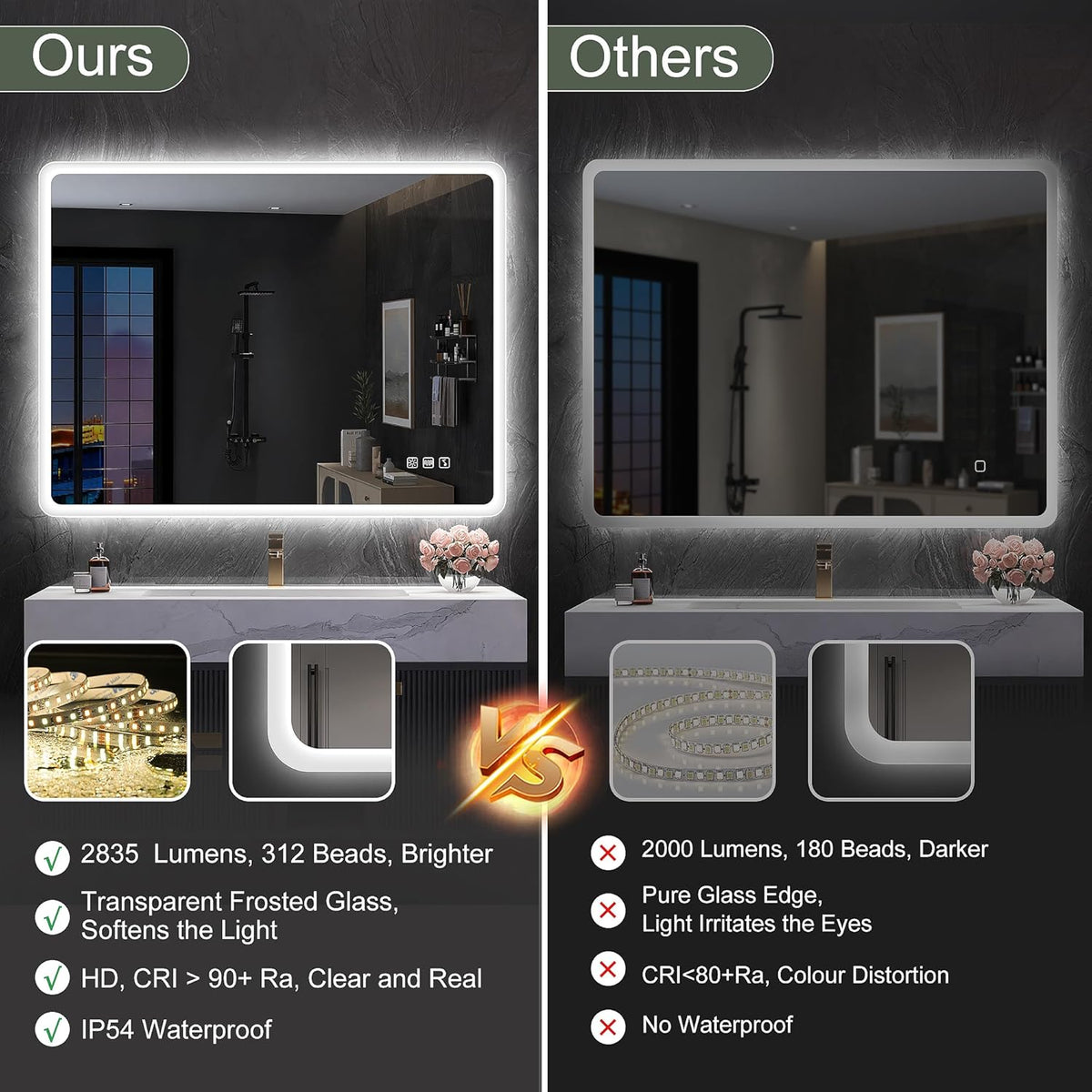 2026 Miroir de salle de bain S'bagno avec éclairage 1200 x 700 mm, IP44, LED, Bluetooth, antibuée, 3 couleurs de lumière (3 000 K, 4 000 K, 6 500 K), intensité variable, mémoire, vertical ou horizontal. Miroirs de salle de bain avec LED.