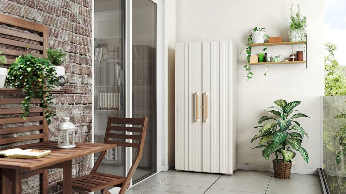 2026 Keter Groove Outdoor Broom Cabinet, Wooden Effect Doors, Beige/Sand, 80 x 45 x 180 H cm