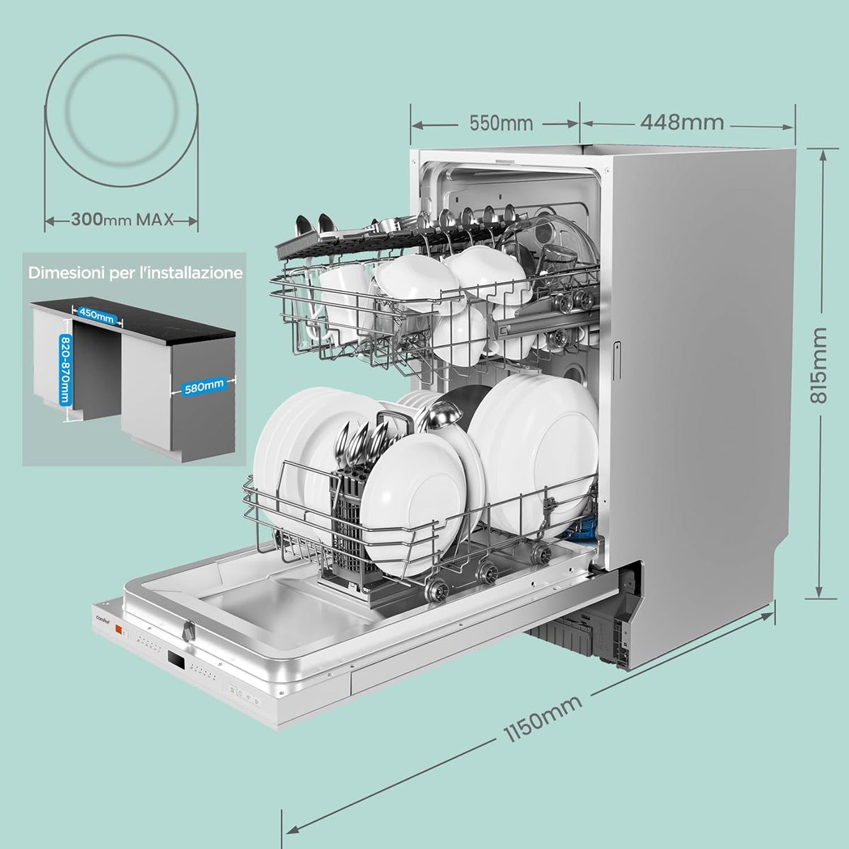 2026 CDWEB914S-W Lavastoviglie da Incasso con 10 coperti, 8 Programmi, di avviamento ritardato, Funzione di Mezzo Carico, cloud wash, Asciugatura Extra - Inox