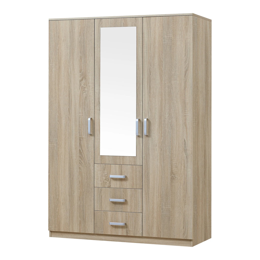 2026 Armoire de chambre garde-robe moderne meuble de rangement intemporel 5 étagères 3 tiroirs + miroir MDF 176 x 120 x 52 cm effet chêne sonoma 03_0006369