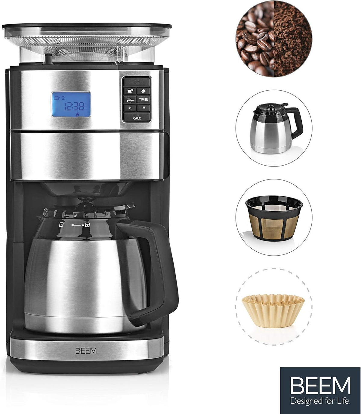 2026 BEEM FRESH-AROMA-PERFECT II Filterkaffeemaschine mit Mahlwerk - Thermo | Edelstahl | Thermokanne | 24h-Timer | 1000 W | 180 g Bohnenbehälter