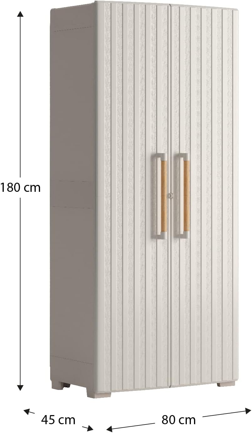 2026 Keter Groove Outdoor Broom Cabinet, Wooden Effect Doors, Beige/Sand, 80 x 45 x 180 H cm