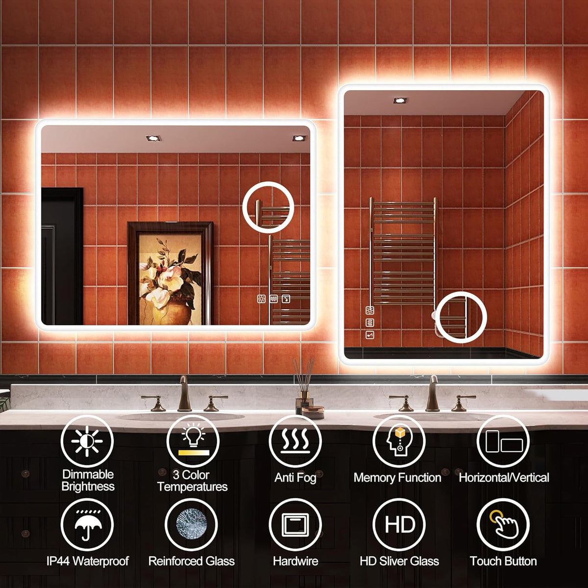 2026 Miroir de salle de bain S'bagno avec éclairage 1200 x 700 mm, IP44, LED, Bluetooth, antibuée, 3 couleurs de lumière (3 000 K, 4 000 K, 6 500 K), intensité variable, mémoire, vertical ou horizontal. Miroirs de salle de bain avec LED.
