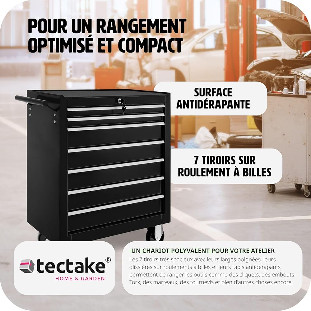 2026 TecTake® Chariot d'atelier Metallique Servante d'atelier Vide Trolley Professionnel 7 Tiroirs spacieux Verrouillables Chariot a Roulette pour Rangement Atelier Garage - Noir : Commerce, Industrie et Science