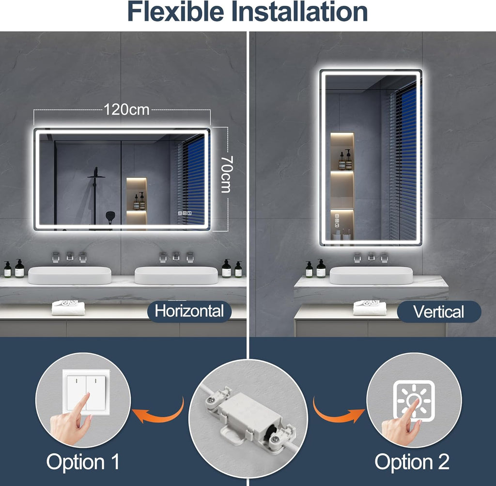 Miroir de salle de bain S'bagno avec éclairage 120 x 70 cm, miroir de salle de bain LED avec Bluetooth et fonction antibuée, intensité variable 3000 K/4000 K/6500 K, mémoire de forme, verre trempé HD, IP44 - Miroirs de salle de bain LED, horizontaux