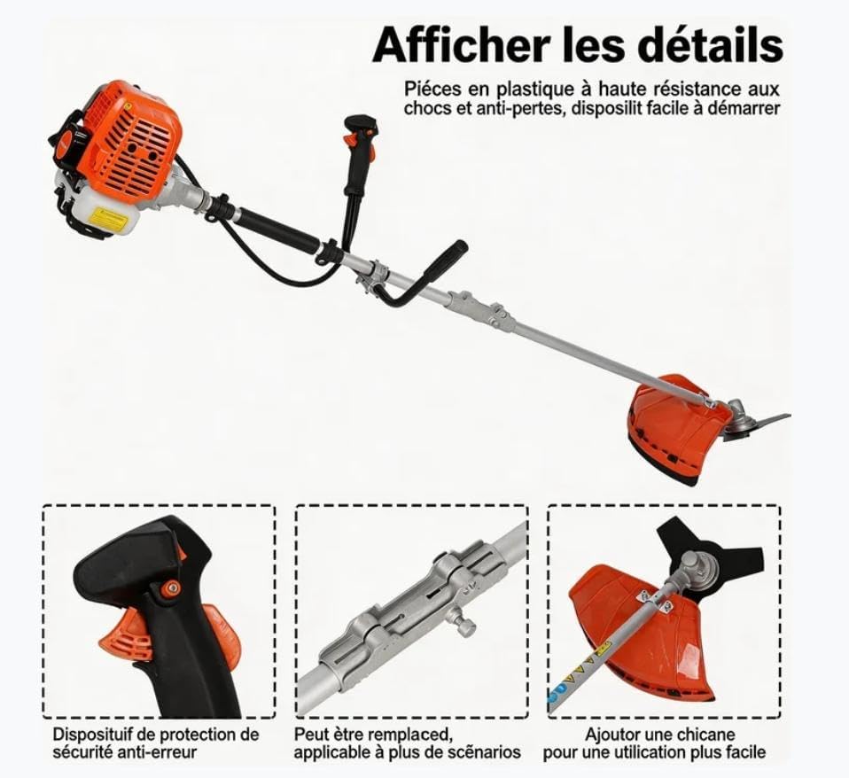 2026 Débroussailleuse à essence 52 cc 2 temps, tige droite avec système anti-vibration, sangle de transport + accessoires pour coupe de jardin et entretien du paysage (2 en 1)