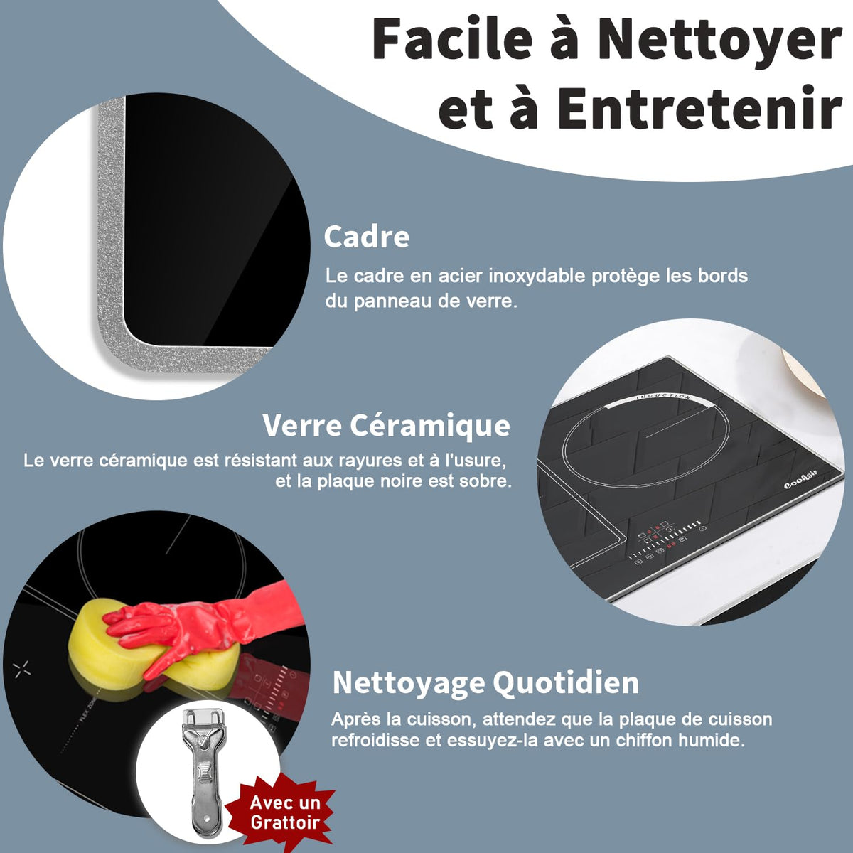 2026 Cooksir Plaque Induction 3 Feux avec Cadre, Table de Cuisson Induction 60cm Encastrable, 6800W, Commande Tactile à Curseur, Bord Inox, Zone Flexibles
