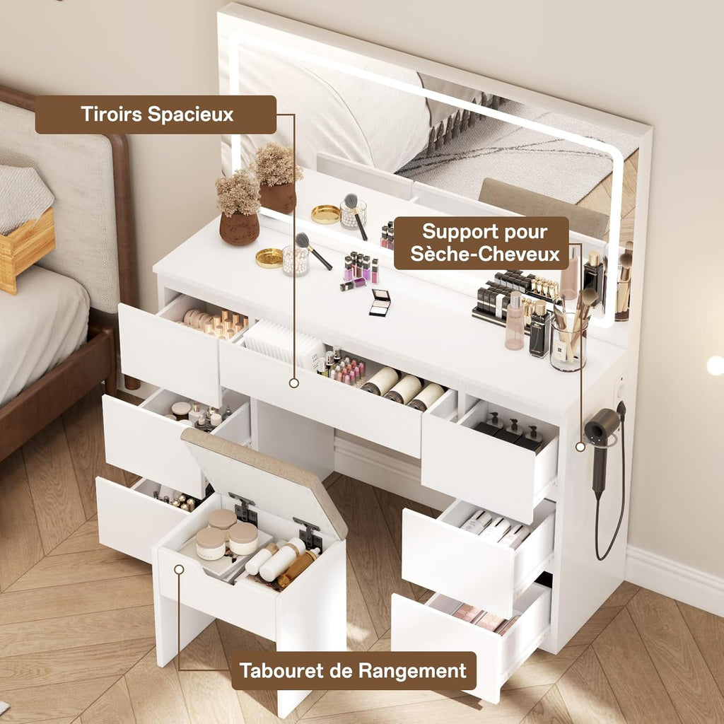 2026 TRIUMPHKEY Coiffeuse avec Miroir et Tabouret Table de Maquillage avec Miroir LED Grand Format à Luminosité Réglable, 7 Tiroirs et Prise de Courant, Meuble de Maison, Blanc