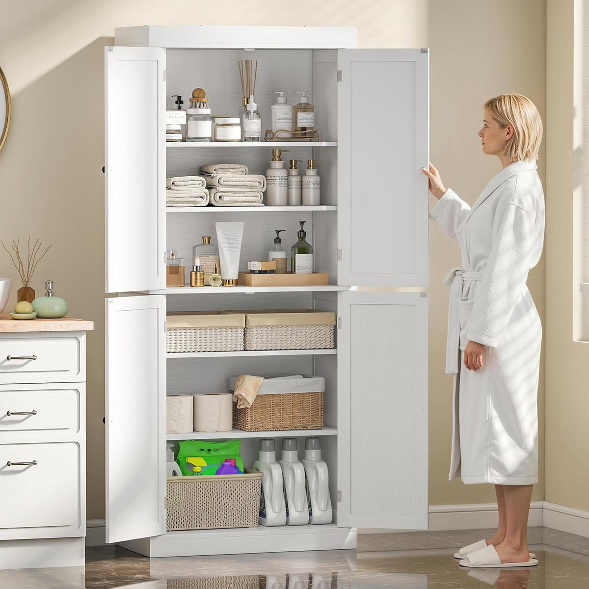 2026 HOMCOM Mobile Cucina Alto con 6 Ripiani e 2 Ante, Armadio Dispensa con Ripiani Regolabili in Legno, 76x40.5x184 cm, Bianco