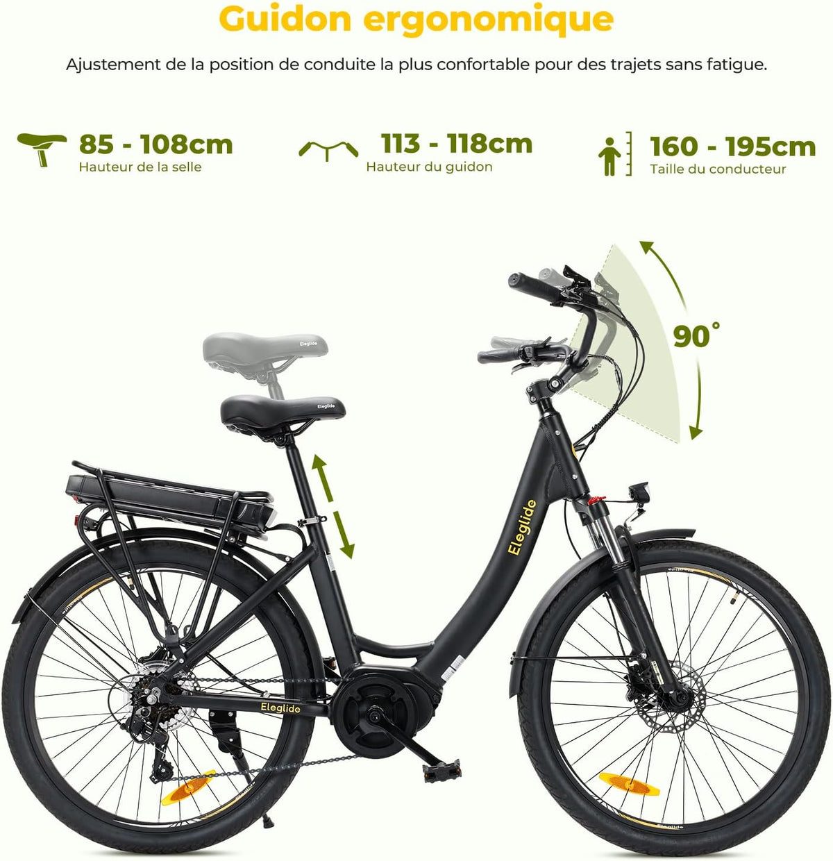 2026 Eleglide C2 Vélo Électrique Adulte, 100Km Autonomie, Batterie Amovible, Freins Hydrauliques, Suspension Avant, 7 Vitesses, Vélo électrique à Moteur Central, Confortable pour Ville/Trekking