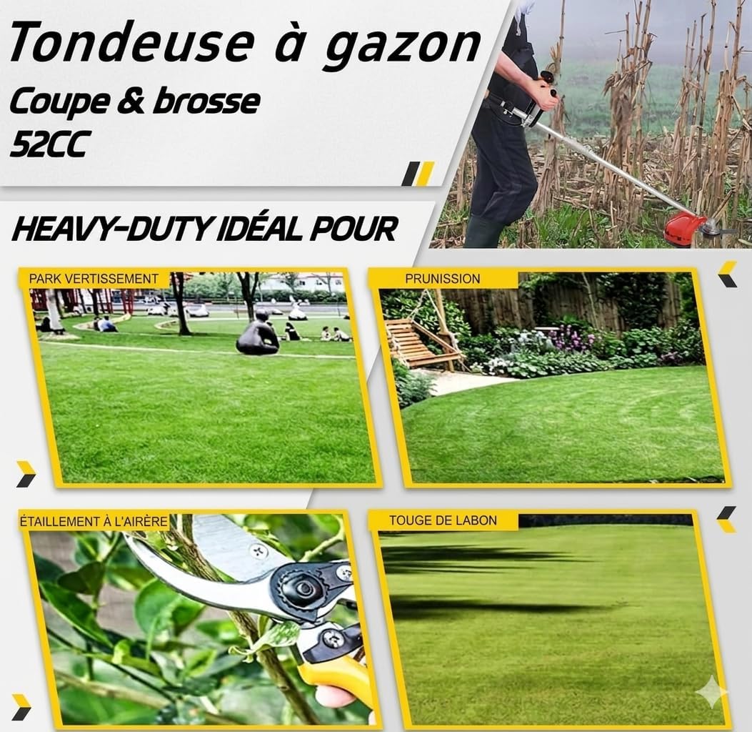 2026 Débroussailleuse à essence 52 cc 2 temps, tige droite avec système anti-vibration, sangle de transport + accessoires pour coupe de jardin et entretien du paysage (2 en 1)