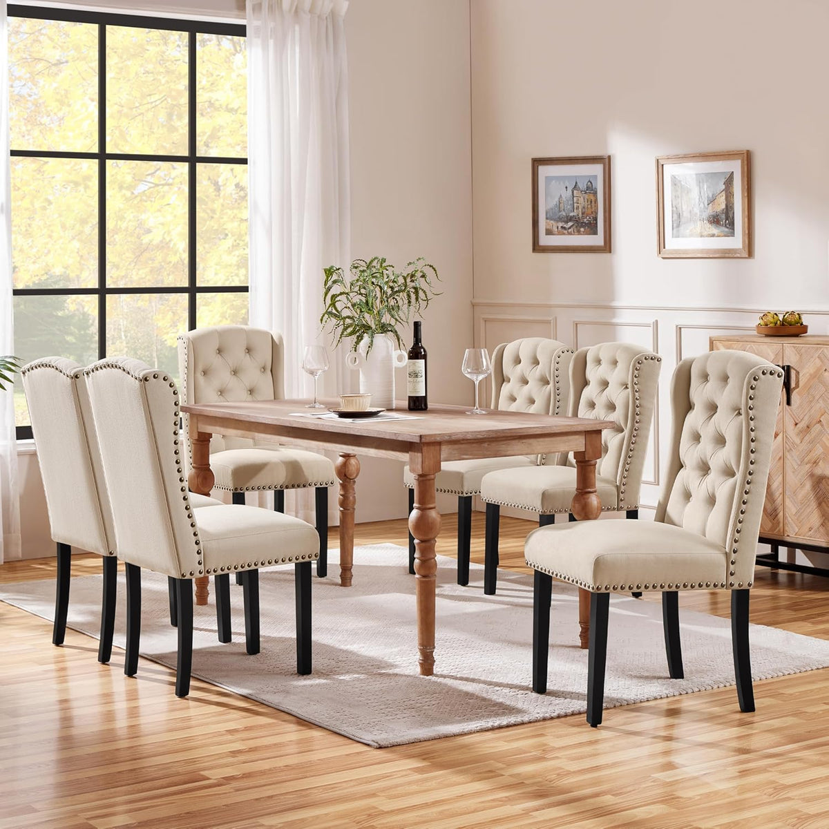 2026 Yaheetech Set 6 Sedie Sala da Pranzo Tessuto Imbottite Eleganti Gambe in Legno Massello Schienale Alto con Bottoni Portata 140 KG Beige