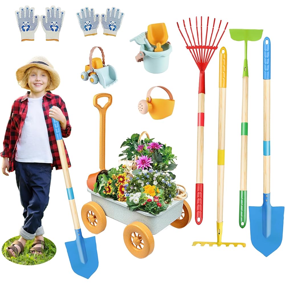2026 Mostop Kit d'outils de jardinage pour enfants - Jouet avec brouette, pelle en métal, râteau, râteau, chariot de jardin extérieur, cadeau d'anniversaire pour garçons et filles de 4 à 8 ans : Jeux et Jouets