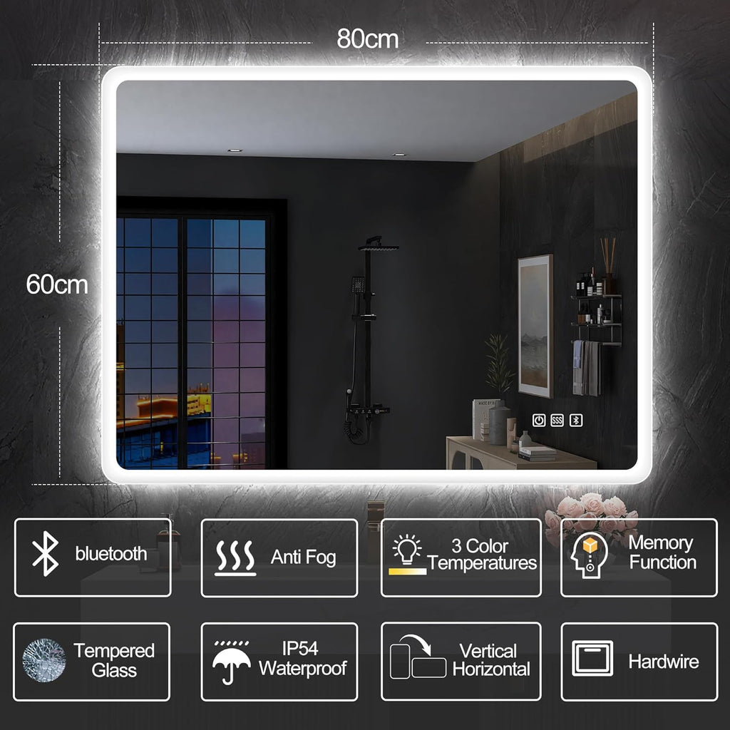 2026 Miroir de salle de bain S'bagno avec éclairage 1200 x 700 mm, IP44, LED, Bluetooth, antibuée, 3 couleurs de lumière (3 000 K, 4 000 K, 6 500 K), intensité variable, mémoire, vertical ou horizontal. Miroirs de salle de bain avec LED.