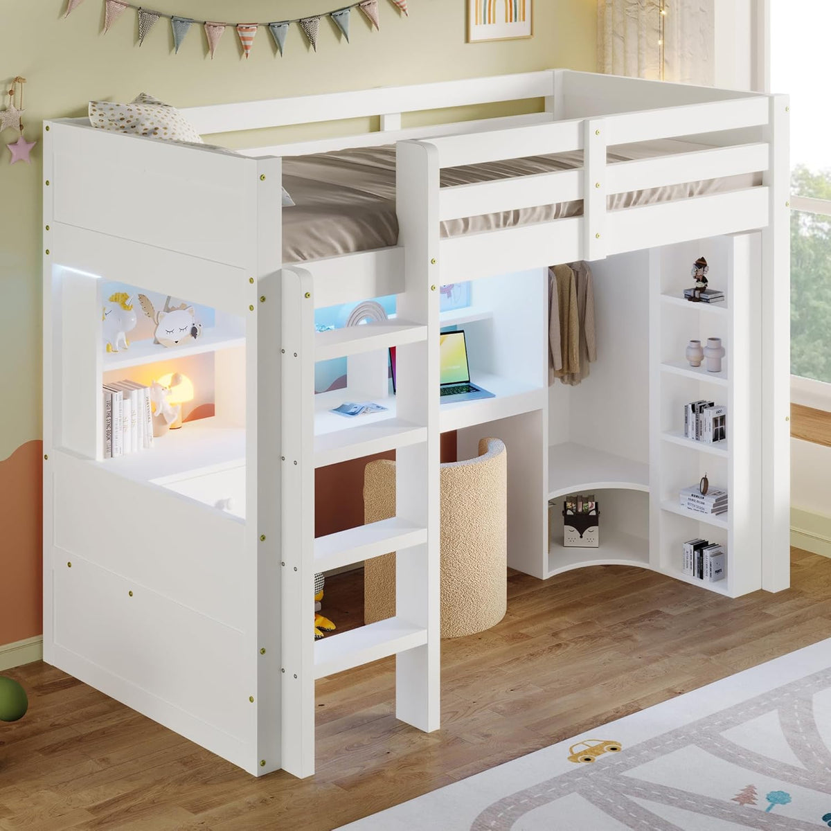 2026 Lit Mezzanine 90x200 cm, Lit Superposé Enfant et Adulte avec Bureau, Lumières LED, Armoire, Échelle, 4 Tiroirs et Rangements, Blanc et Bois lit Mezzanine (90x200 cm)