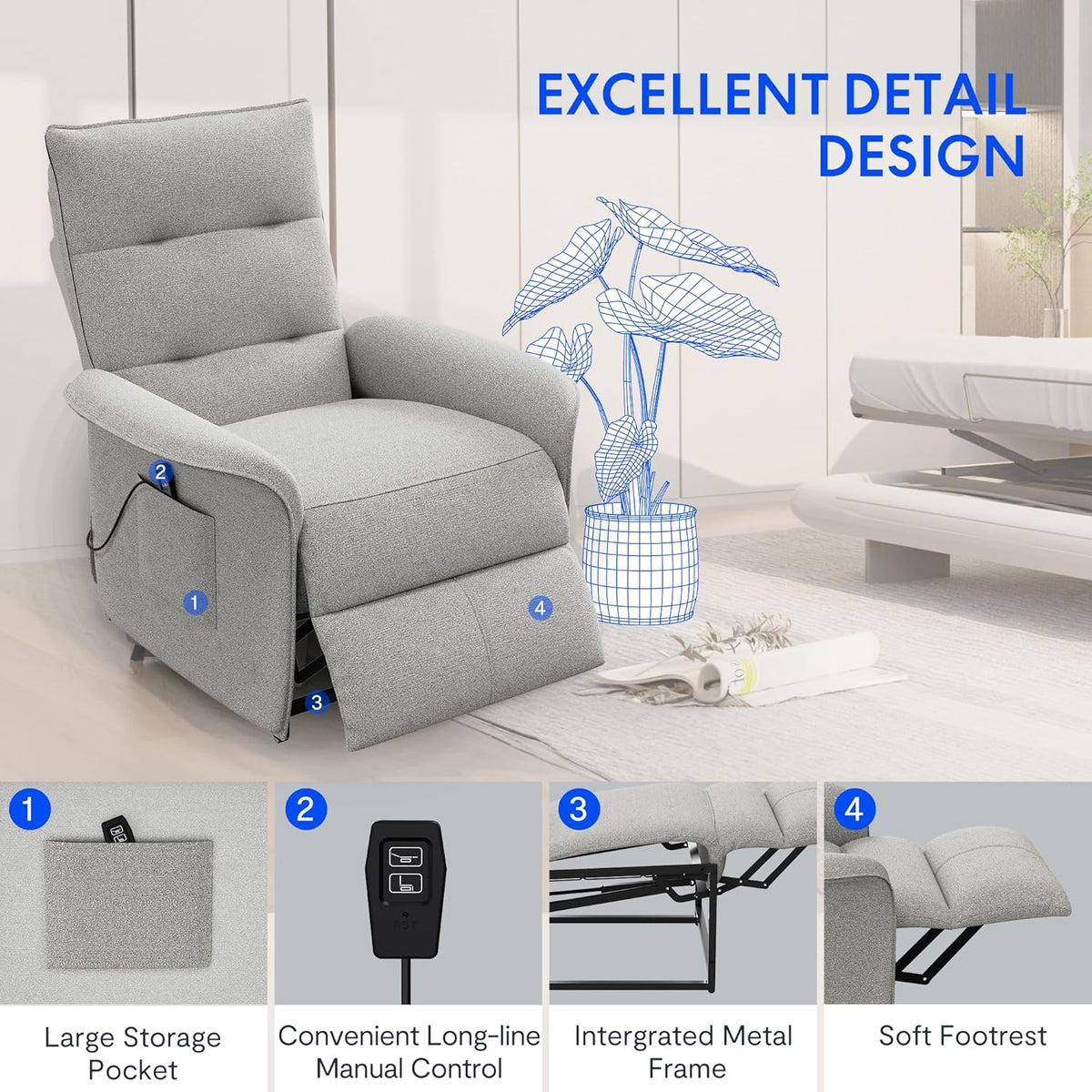 2026 Fauteuil relax électrique FLEXISPOT avec dossier réglable, inclinable de 105° à 155°, fauteuil inclinable, fauteuil relax ergonomique pour chambre, salon et home cinéma (gris foncé)
