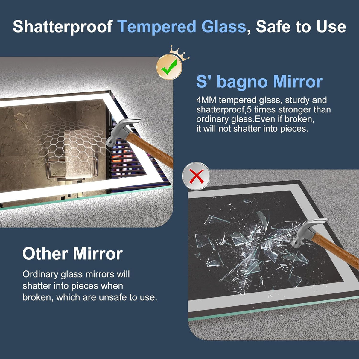 Miroir de salle de bain S'bagno avec éclairage 120 x 70 cm, miroir de salle de bain LED avec Bluetooth et fonction antibuée, intensité variable 3000 K/4000 K/6500 K, mémoire de forme, verre trempé HD, IP44 - Miroirs de salle de bain LED, horizontaux