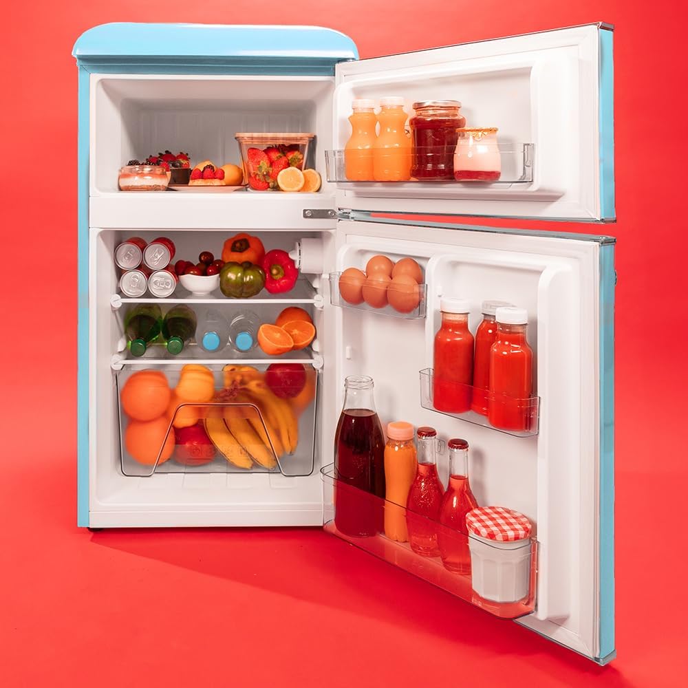 2026 Cecotec Mini Réfrigérateur 2 Portes Retro 86L Bolero CoolMarket 2D Origin 86 Blue E, 89,3cm H et 48,7cm L, IceBox, Classe Énergétoque E, Total No Frost, Lumière Intérieure et Poignée Chromée, Bleu