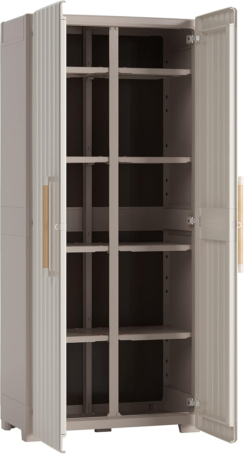 2026 Keter Groove Outdoor Broom Cabinet, Wooden Effect Doors, Beige/Sand, 80 x 45 x 180 H cm