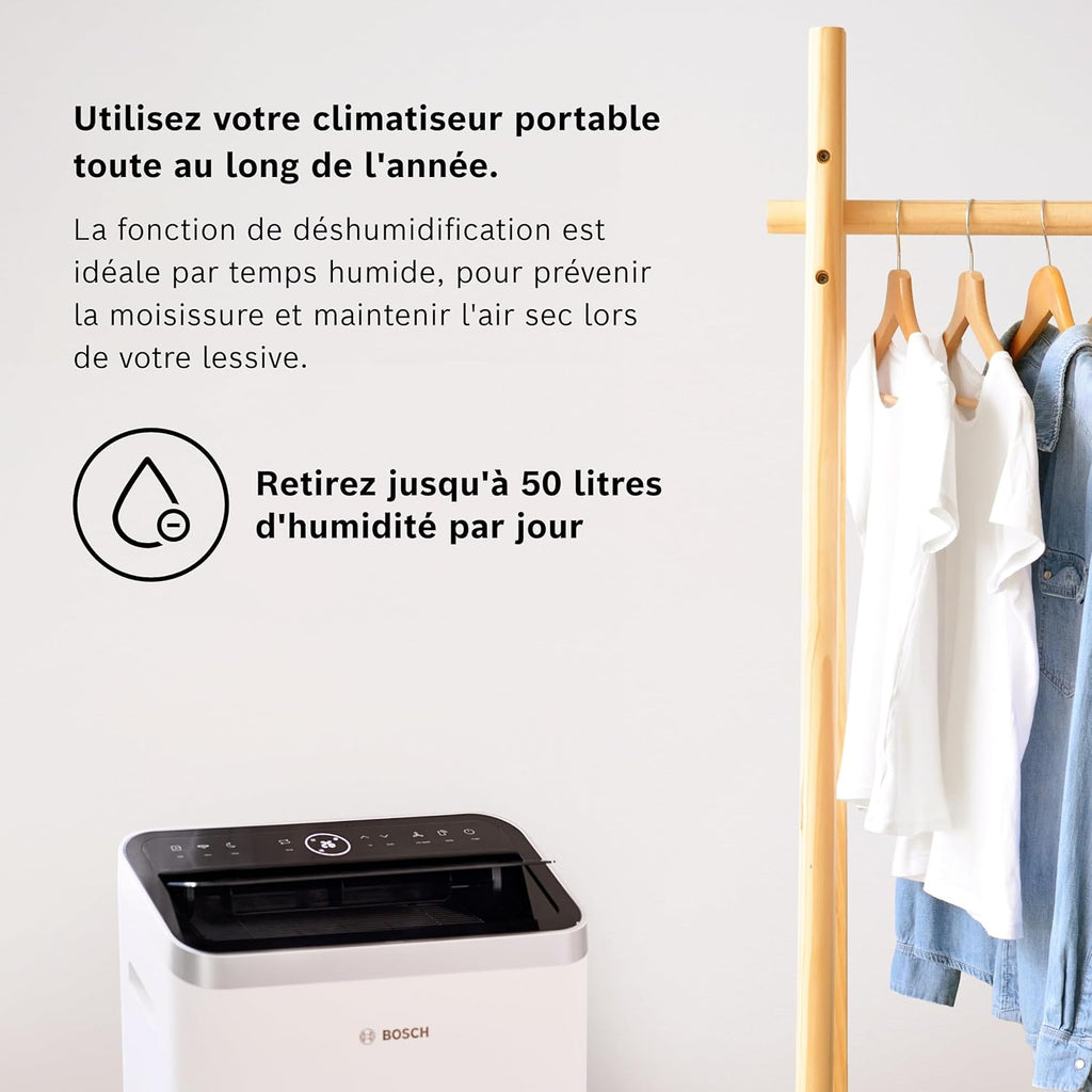 2026 Bosch Cool 4000 Portable AC - 3 en 1 Climatiseur, Déshumidificateur, Ventilateur - 2,6 kW pour les pièces jusqu'à 35m² - Avec Mode Auto, Mode Silencieux et Mode Veille (48 db (A)) [Classe A+]
