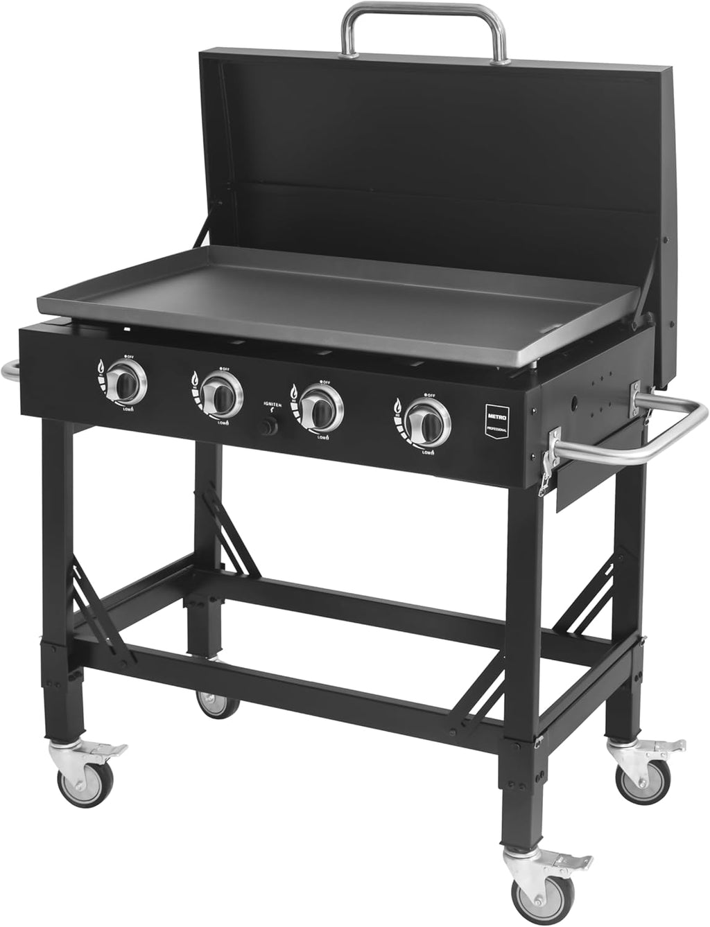 2026 METRO PROFESSIONAL Barbecue Plancha à Gaz avec 4 Brûleurs Dayton, Acier Inoxydable, 14.8 kW, Allumage par Impulsion, 4 roulettes Pivotantes, Pliable, Noir