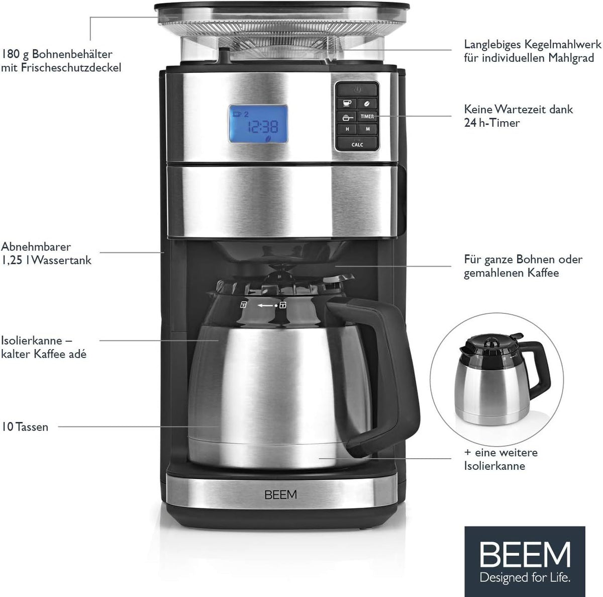 2026 BEEM FRESH-AROMA-PERFECT II Filterkaffeemaschine mit Mahlwerk - Thermo | Edelstahl | Thermokanne | 24h-Timer | 1000 W | 180 g Bohnenbehälter