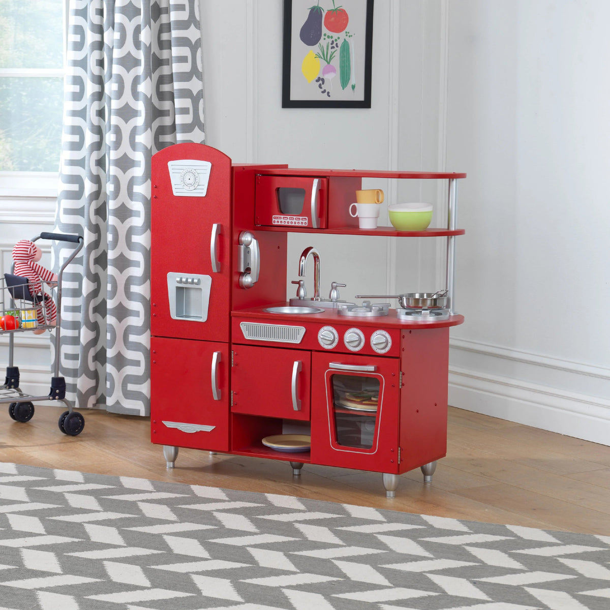 2026 Cuisine enfant en bois rouge vintage KidKraft avec téléphone jouet