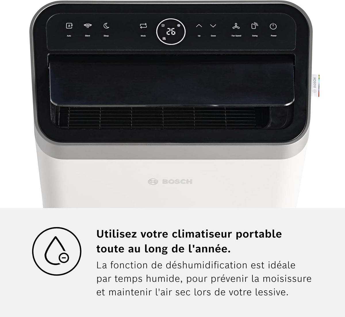 2026 Bosch Cool 4000 Portable AC - 3 en 1 Climatiseur, Déshumidificateur, Ventilateur - 2,6 kW pour les pièces jusqu'à 35m² - Avec Mode Auto, Mode Silencieux et Mode Veille (48 db (A)) [Classe A+]