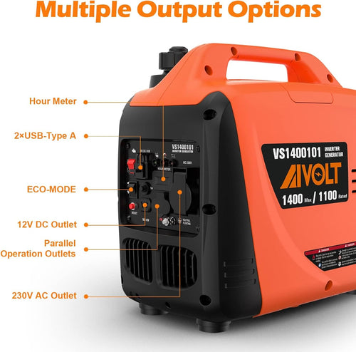 2026 AIVOLT Generatore Inverter 1400 Watt generatore di corrente silenziato gruppo elettrogeno emergenza a benzina silenzioso per campeggio, festival e uso domestico con 2 prese USB, 12V DC e 230 V AC