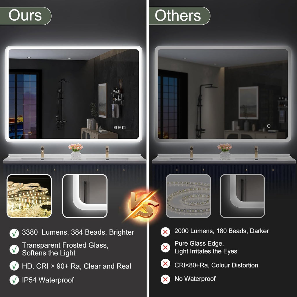 2026 Miroir de salle de bain S'bagno avec éclairage 1200 x 700 mm, IP44, LED, Bluetooth, antibuée, 3 couleurs de lumière (3 000 K, 4 000 K, 6 500 K), intensité variable, mémoire, vertical ou horizontal. Miroirs de salle de bain avec LED.