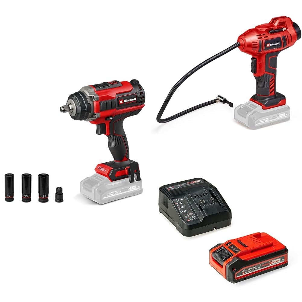 2026 Einhell Pack 2 machines sans fil - Spécial Automobile - Power X-Change (Boulonneuse IMPAXXO 18/450, Gonfleur CE-CC 18) + Chargeur et Batterie 4,0Ah PL